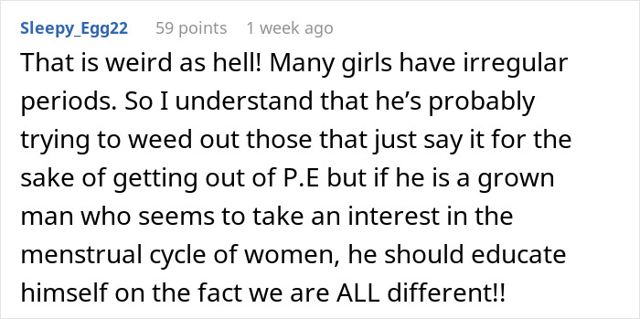 Reddit comment discussing teacher interest in tracking menstrual periods and its implications.