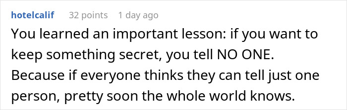 Text comment about keeping secrets by user hotelcalif, related to HR director mental breakdown.