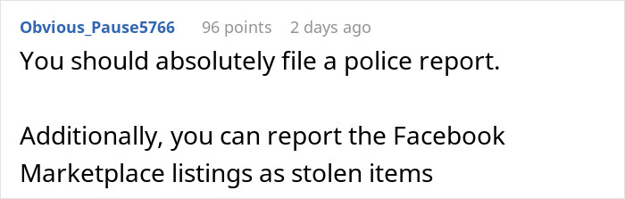 Comment advises filing a police report and reporting stolen items on Facebook Marketplace, related to a roommate incident.