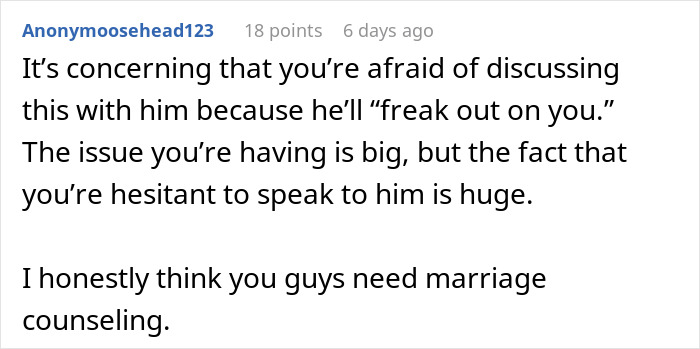 Reddit comment discussing communication issues, suggesting marriage counseling.