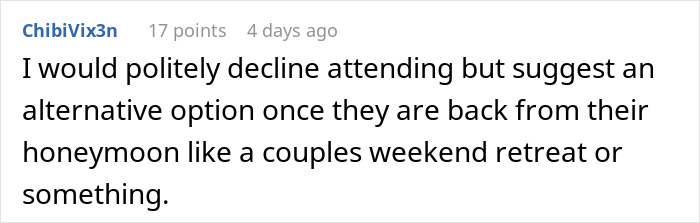 Comment discussing an alternative plan due to groomsman struggles affording a destination wedding.