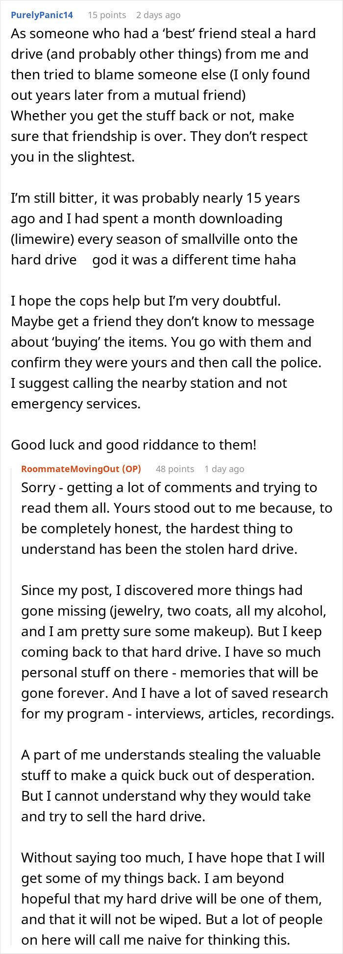 Reddit discussion about a friend's roommate stealing stuff from their apartment.