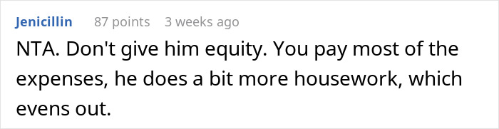 Reddit comment discussing partner housework exchange: don't give equity, expenses shared, housework balanced.