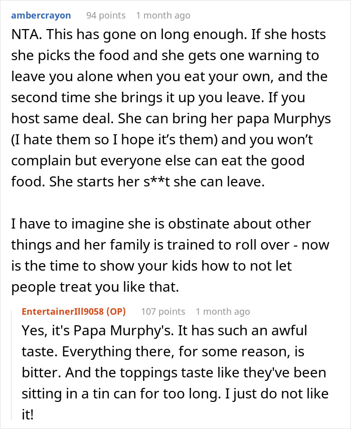 Comment thread discussing disliking MIL's favorite pizza place, Papa Murphy's.