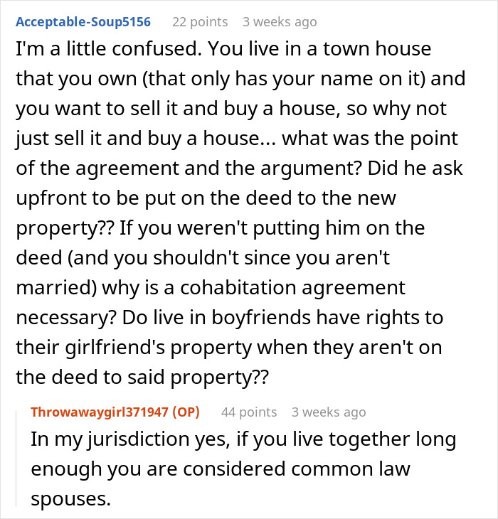 Screenshot of a discussion on cohabitation agreements and property rights in partner-housework-exchange context.