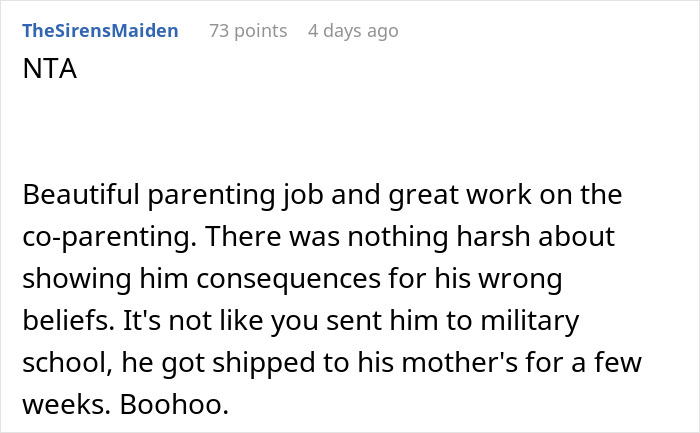 Reddit comment criticizing a teenager's belief that chores are a woman's job, praising a parent’s response.