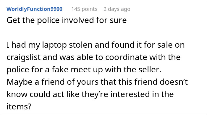 Text comment about involving police after a roommate stole items from an apartment, suggesting a setup to recover them.