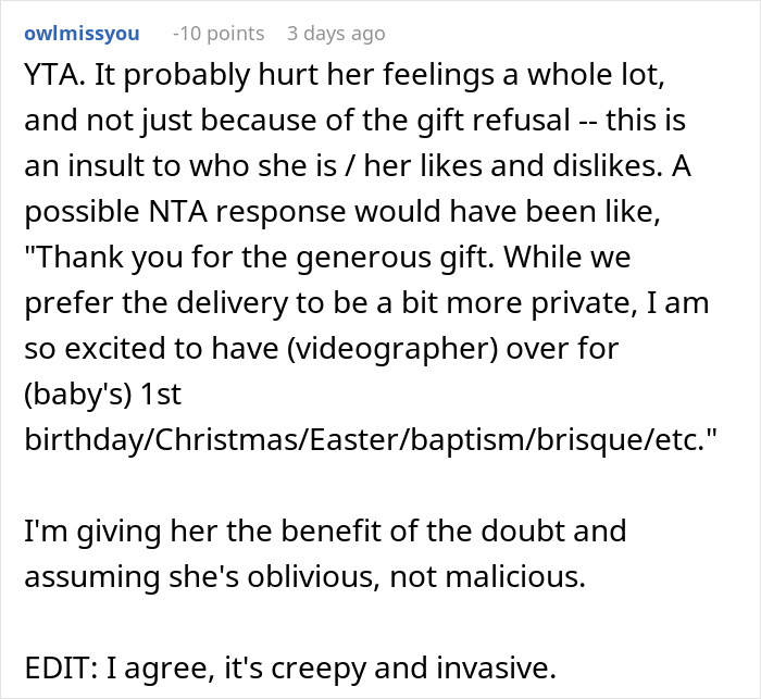 Reddit comment discussing the feelings of awkwardness from receiving a creepy and invasive gift.