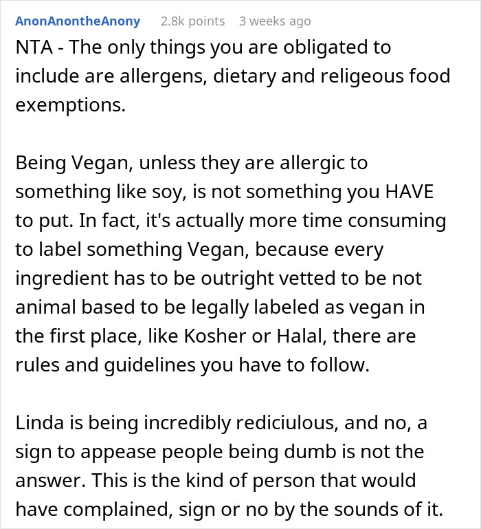 Reddit comment discussing wedding cake labeling and dietary exemptions, mentioning vegan and allergen considerations.