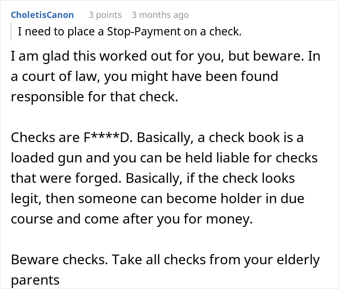 Reddit comment warning about fraudulent checks and possible legal liabilities.