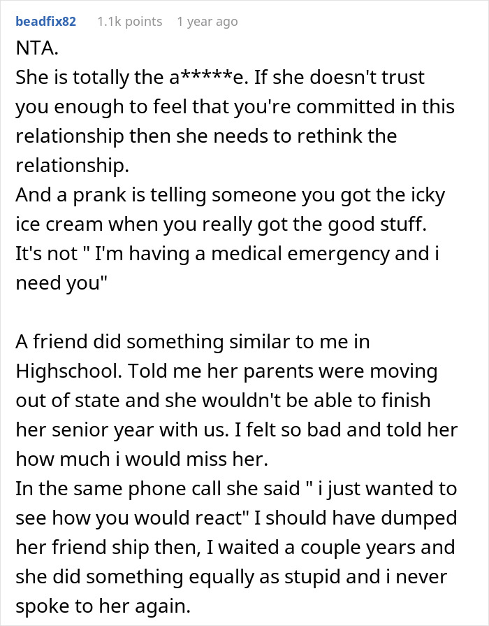 Reddit comment discussing a girlfriend lying as a test in a relationship, calling her a mean name.