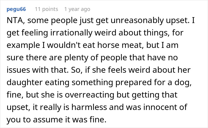 A Reddit comment discussing the harmlessness of giving a niece a dog treat snack.