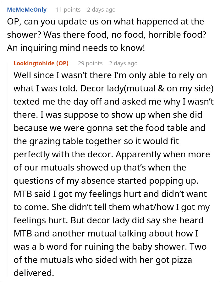 Reddit thread discussing a woman uninvited from a baby shower refusing to deliver food, upsetting the mom-to-be.