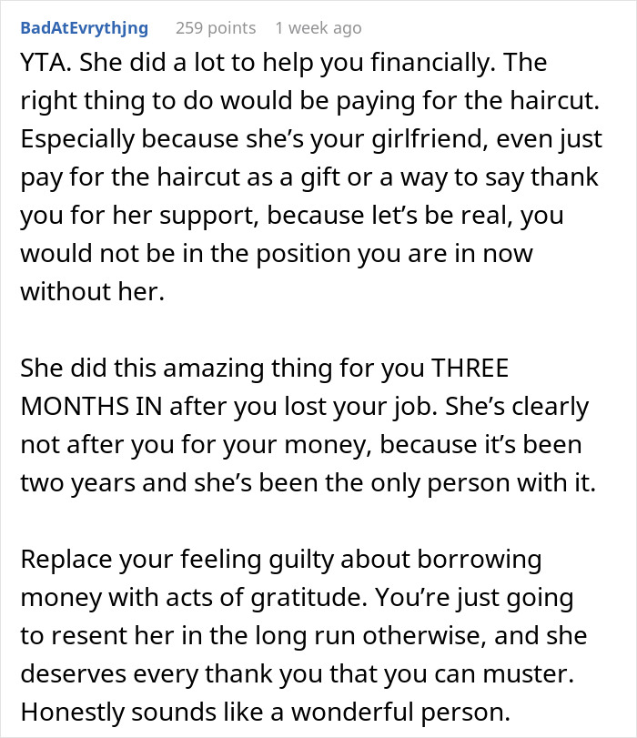 Text criticizing a man for lack of self-awareness in a relationship where the woman supported him financially.