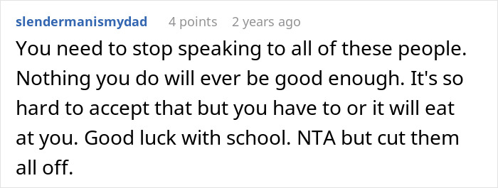 Reddit comment offering advice about setting boundaries and wishing luck with school, related to babysitting refusal.