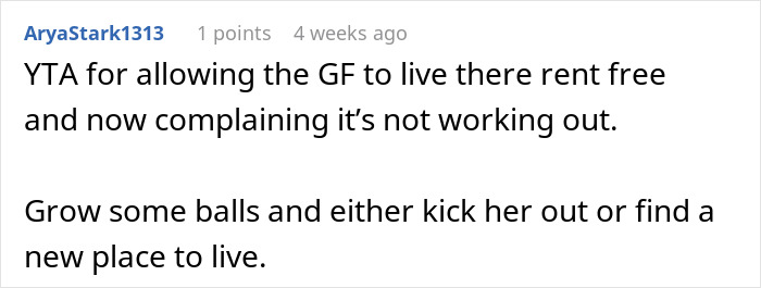 Comment advising a guy to change his awkward living situation with girlfriend.