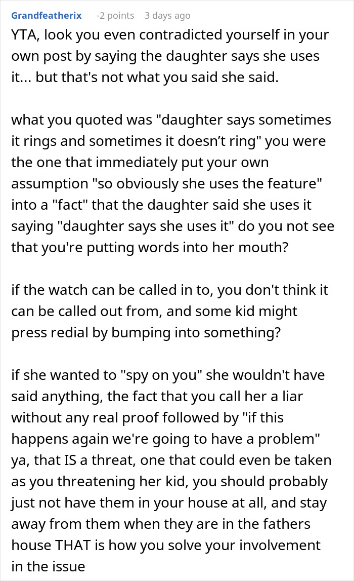 Text conversation discussing a woman's use of a Gizmo Watch for spying.