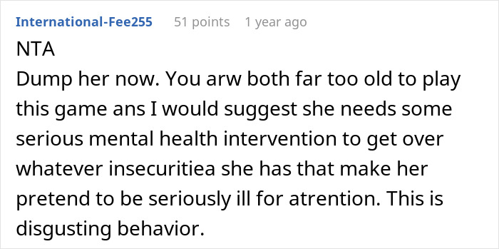 Reddit comment criticizing a relationship, suggesting breakup due to lying and attention-seeking behavior.