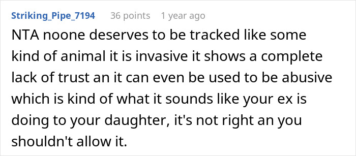 Text discussing the concerns about using a phone tracker on a daughter, highlighting trust issues and potential abuse.