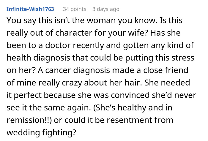 Forum comment discussing stress and hair concerns related to wedding and health issues.