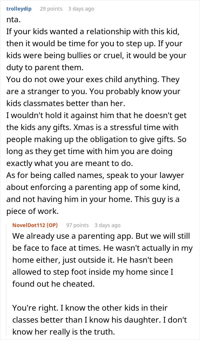 Reddit discussion on not getting an ex's affair child a Christmas gift, showing comments and user opinions.