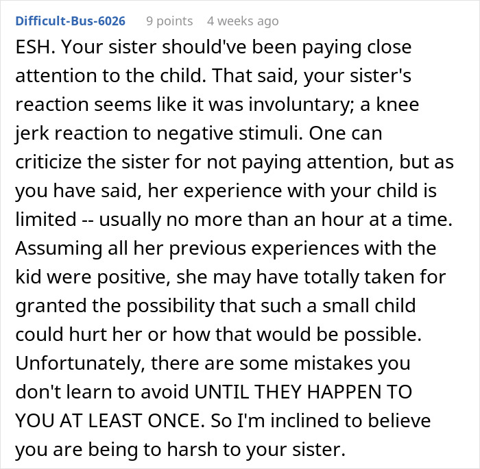 Text from an online discussion about refusing to pay for sister's college after toddler's concussion incident.