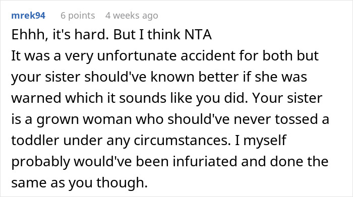 Comment discussing refusing to pay sister's college due to toddler concussion incident.