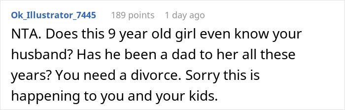 Reddit comment advising divorce over husband's affair baby situation.