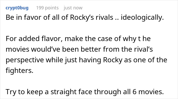 Text discussing Rocky's rivals from the movies, proposing a perspective shift for added interest.