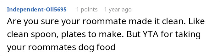 Text comment discussing roommate cleanliness and taking dog food.