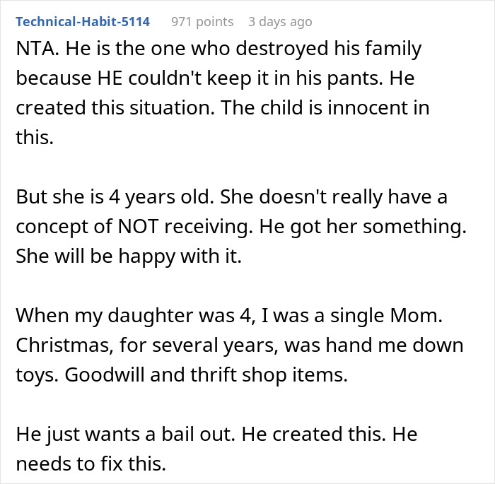 Reddit comment discussing not getting a Christmas gift for an ex's affair child.