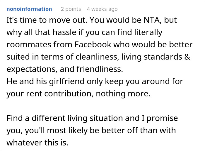 Reddit comment advising a guy to leave his awkward living situation after his girlfriend moved in.