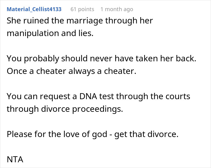 Reddit comment advising divorce due to wife's infidelity and refusal of paternity test.