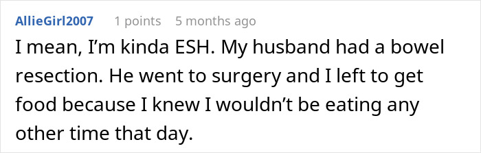 Reddit comment about a husband leaving during wife's surgery, discussing going to get food.