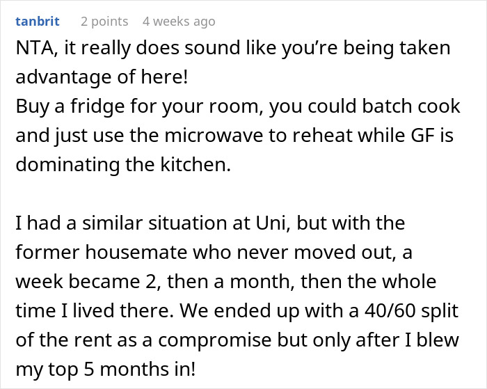 Comment advising on awkward living situation with girlfriend, suggesting personal fridge and compromise on rent.