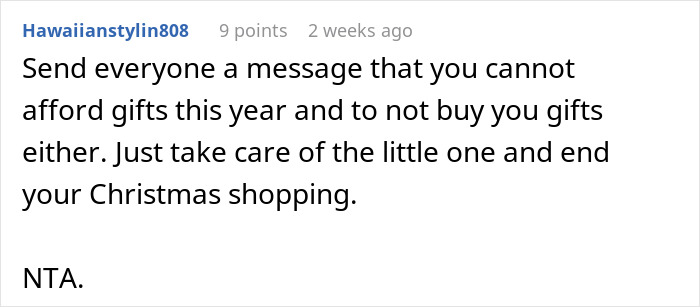 Comment discussing Christmas gift alternatives due to financial constraints.