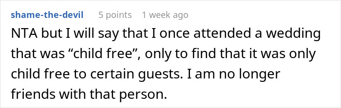 Reddit comment about child-free weddings and selective guest policy hypocrisy.