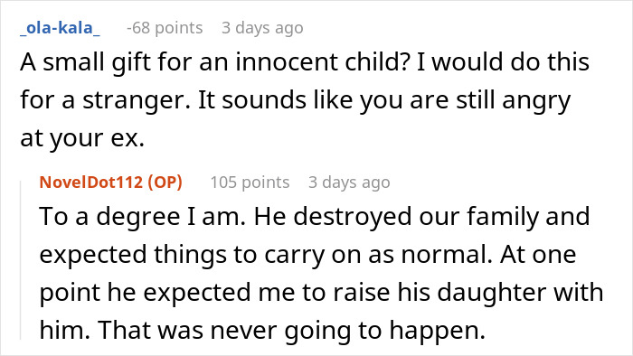 Reddit comments discussing feelings about not getting an affair child a Christmas gift.