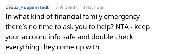 Reddit comment discussing a financial family emergency and advice on account safety.