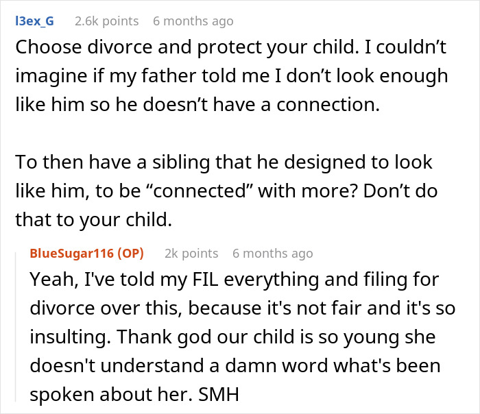 Reddit comments discussing a man unable to connect with his child due to her features, sparking advice for divorce.