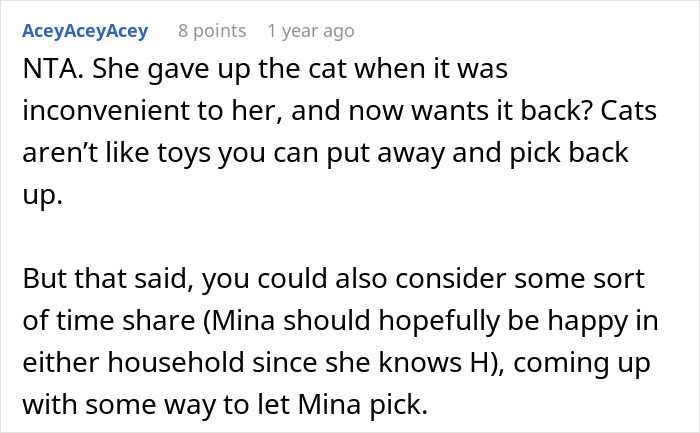 Text exchange about rehoming a cat and wanting it back, with user suggesting a time share for cat ownership decisions.