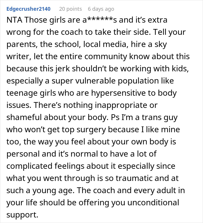 Comment criticizing coach's actions and supporting teen's right to body autonomy.