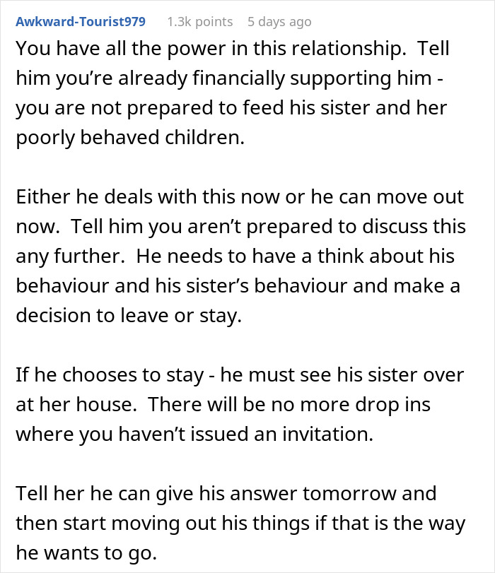 Text about a man prioritizing his toxic sister over his girlfriend, who is setting firm boundaries.