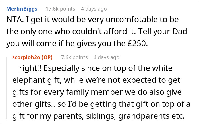 Discussion about the high cost of a white elephant gift for a family Christmas party.