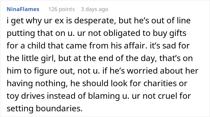 Reddit comment discussing the obligation of buying Christmas gifts for an ex's affair child.