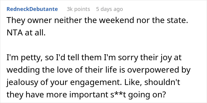 Screenshot of a Reddit comment discussing a brother's wedding and engagement, with opinions on family dynamics.