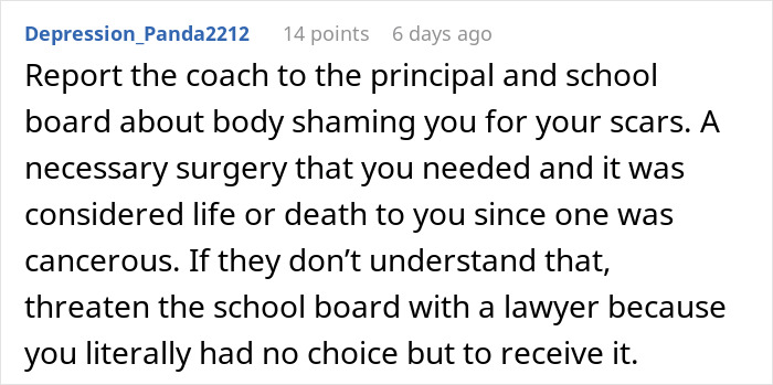 Comment discussing reporting a coach for body shaming related to life-saving surgery scars.