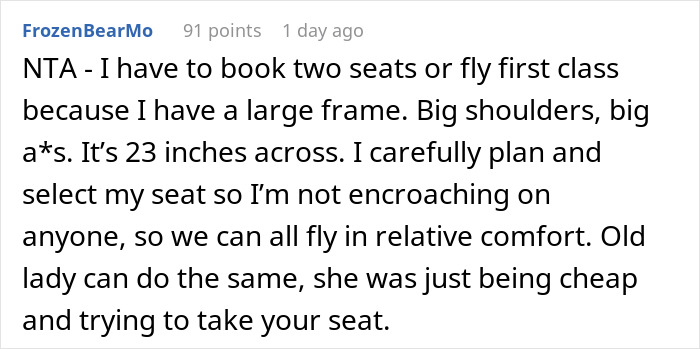 Comment about refusing to switch airplane seats due to personal space concerns and questioning mobility claim.