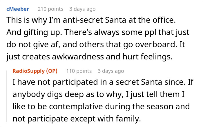 Reddit comments discussing issues with Secret Santa gifts in office settings.