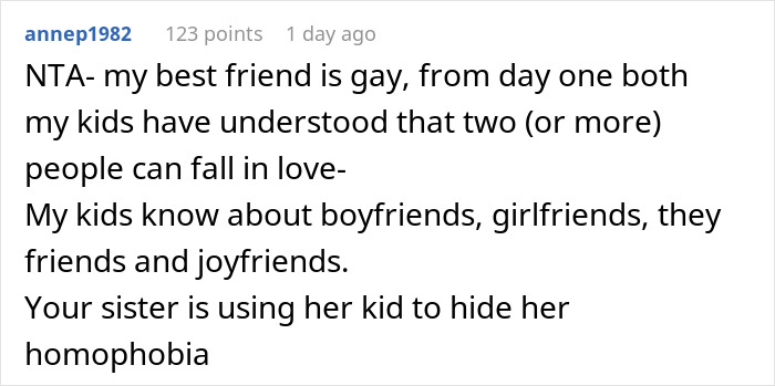 Reddit comment discussing family dynamics and LGBTQ+ acceptance.